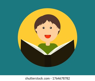 A happy boy is reading a book with his smile. Cartoon vector style for your design