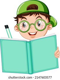 Happy boy reading book illustration