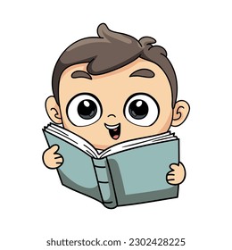 happy boy reading a book illustration in doodle style isolated on background