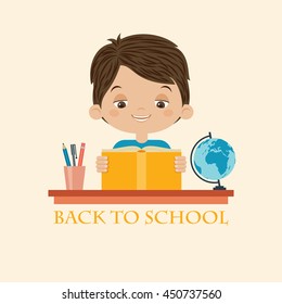 Happy boy reading a book. Little boy studying. Back to school vector cartoon illustration