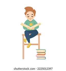 Happy boy reading book on chair cartoon illustration. Smart boy sitting on chair, studying at home. Education, leisure, hobby, library concept