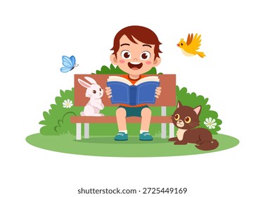 Glücklicher Junge, der ein Buch auf einer Parkbank liest, mit einem großen Lächeln, umgeben von Natur und freundlichen Tieren