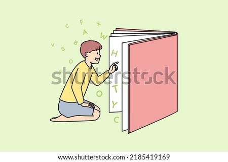 Happy boy reading book . Vector Happy child reading huge book enjoy fairytale world. Smiling boy look in textbook fond of novel or story. Literature and knowledge. Vector illustration. 