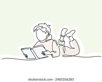 Happy Boy reading open book lying on floor. Continuous one line drawing art design. Education concept. Back to school card. Vector illustration