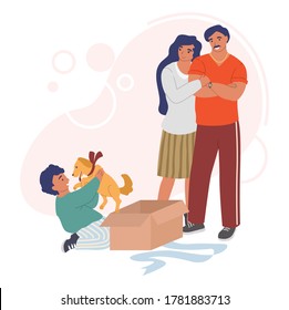 Happy boy receiving cute puppy gift from his parents, vector flat illustration. Father and mother surprising their kid with dog gift and making him happy.