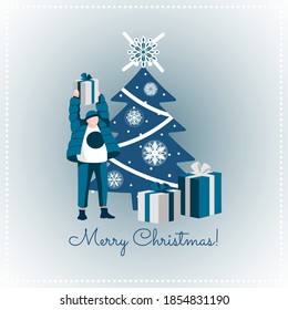 Happy boy receiving gifts. Guy in warm winter clothes celebrating holiday near decorated Xmas tree. Merry Christmas and Happy New Year flat vector illustration