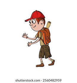 A happy boy in a red cap, shorts, and orange backpack, ready for an adventure. Perfect for exploration, travel, and childhood adventures.