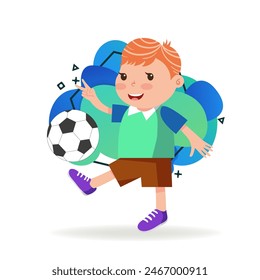 Happy boy with red hair playing football. Little kid in sportswear with Victory gesture. Childhood and sport concept. Vector illustration can be used for topics like leisure activity, hobby, success