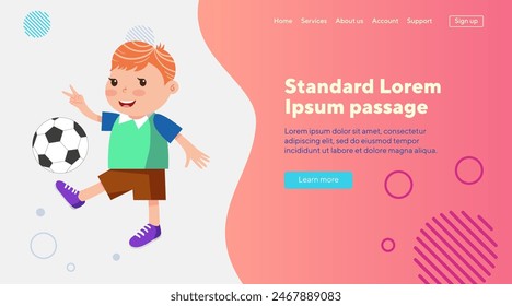 Happy boy with red hair playing football. Vector illusstration. Little kid in sportswear with Victory gesture. Childhood, sport, leisure activity, success concept for website or landing page design