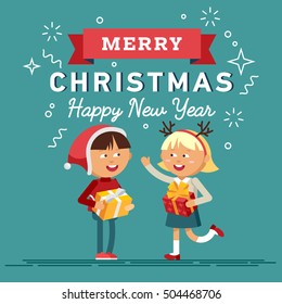 Happy boy with red hat and gift, girl with Christmas gifts. Vector flat illustration. Cute children celebrate New Year holiday.