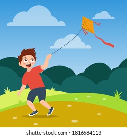 happy boy with red shirt playing kite on the field, cartoon vector illustration