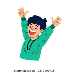 Happy boy rejoicing and smiling. Man with his hands up in the air. Flat vector illustration on white background.