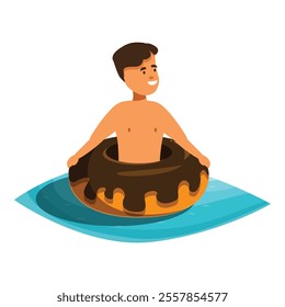 Happy boy relaxing on an inflatable doughnut in a swimming pool, enjoying his summer vacation