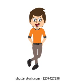 happy boy relaxing standing cross-legged cartoon character vector illustration