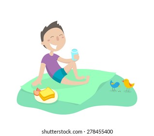 A happy boy is resting at a picnic. Flat design. Vector illustration.