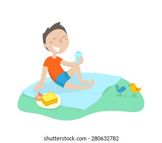 A happy boy is resting at a picnic. Flat design. Vector illustration.