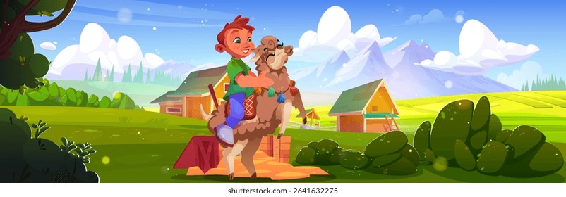 Happy boy rides llama on farm landscape - cheerful child embraces fluffy brown alpaca near wooden barns. Kid shows affection to decorated animal friend in countryside with mountains, green meadows