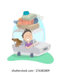 Happy boy rides on car with her dog to rest on outdoors. Vector illustration.