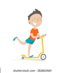 Happy boy rides on a scooter. Flat design. Vector illustration. Isolated on white background