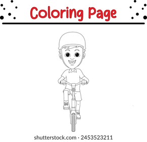 happy boy riding bicycle coloring book page for kids.