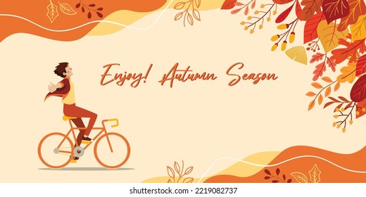 Happy boy riding a bicycle in a garden, autumn seasonal vector design, trees, a beautiful environment, deep breathing, fresh day