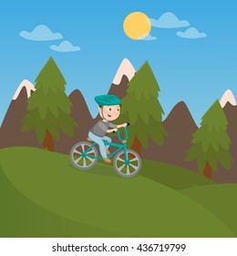 Happy Boy Riding Bicycle in Mountains. Children Vacation. Vector illustration
