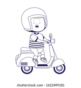 happy boy riding a classic motorcycle over white background, flat design, vector illustration