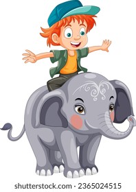 Happy Boy Riding Elephant Vector illustration