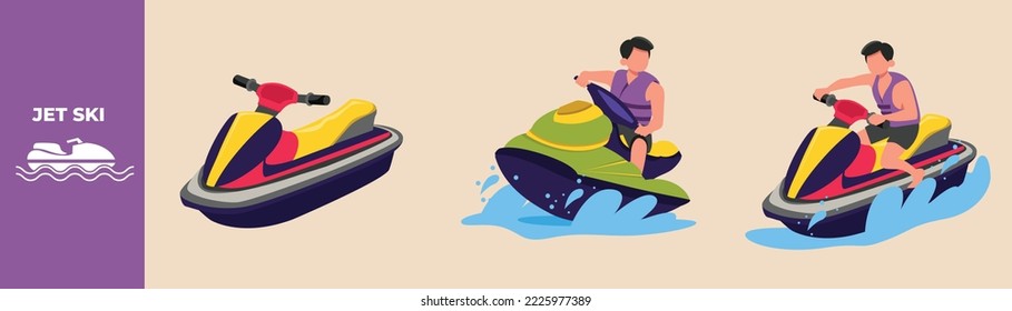 Happy Boy riding jet ski on the wave. Riding jet ski set concept. Flat vector illustrations isolated.