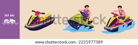 Happy Boy riding jet ski on the wave. Riding jet ski set concept. Flat vector illustrations isolated.