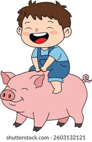 A happy boy riding on the back of a smiling pig on the farm. 