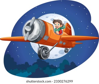 Happy Boy Riding a Plane at Night illustration