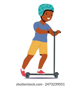 Happy Boy Riding A Scooter While Wearing A Safety Helmet. Cartoon Vector Image Conveys A Sense Of Joy, Childhood Fun, And Outdoor Activity, Perfect For Themes Related To Kids Safety, Play, And Sports