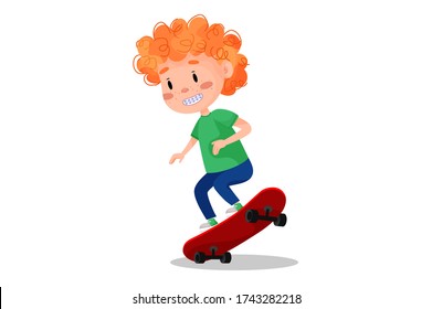 Happy boy riding skateboard outside. Summer holidays outdoor activities for children. Vector illustration on white isolated background.