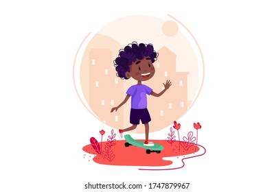 Happy boy riding skateboard outside. Summer holidays outdoor activities for children. Vector illustration on white isolated background.