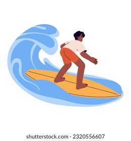 Happy boy riding surfboard, catching a wave. Active young man surfing on summer holidays. Surfer swimming in sea on board. Extreme water sport. Flat vector illustration isolated on white background