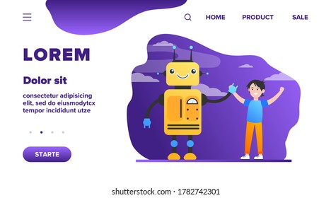 Happy boy rising hands with robot. Engineering, future, knowledge flat vector illustration. Technology and robotic industry concept for banner, website design or landing web page
