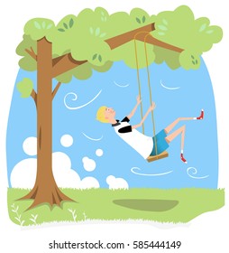 Happy Boy Rocking On A Rope Swing Attached To A Large Tree (vintage Vector Cartoon)