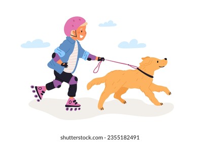 Joyeux petit patineur à roulettes avec son chien dans le parc. Les enfants s'amusent et aiment faire du roller. La main et l'enfant passent du temps ensemble. Illustration vectorielle dessinée à la main isolée sur fond blanc
