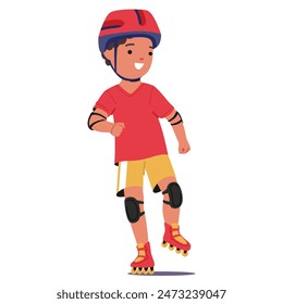 Happy Boy Roller Skating With Enthusiasm, Wearing A Helmet And Protective Gear. Cartoon Vector Image Evokes Feelings Of Joy, Fun, And Active Play. Concept Of Childhood, Safety, And Outdoor Activities