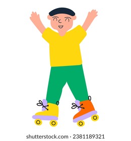 Happy boy roller skating. Flat design. Vector hand drawn illustration on white background.