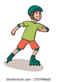 Happy boy roller skating isolated on white background. Kid in helmet rollerblading, have fun, doing sports activity. Vector character illustration of healthy lifestyle, enjoy leisure hobby, childhood