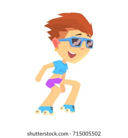 Happy boy rollerblading, active lifestyle cartoon vector Illustration