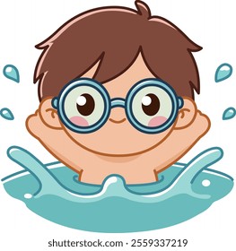 happy boy with round swimming goggles splashing in the water