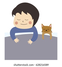 Happy boy routine sleeping with a cat on a bed