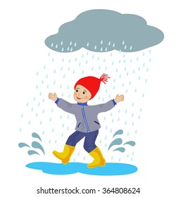 Happy boy running around in the rain puddles on white background