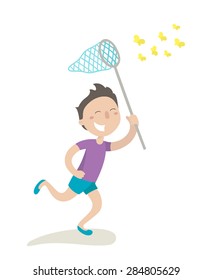 Happy boy is running with butterfly net and catching butterflies. Flat design. Vector illustration. Isolated on white background.