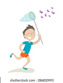 Happy boy is running with butterfly net and catching butterflies. Flat design. Vector illustration. Isolated on white background.