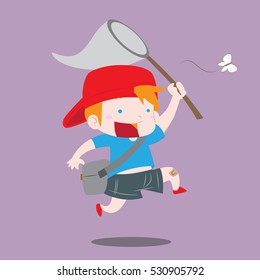 Happy boy running and catching bug with net cute vector 