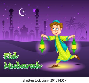 Happy Boy Running With Fanoos For Eid In Vector